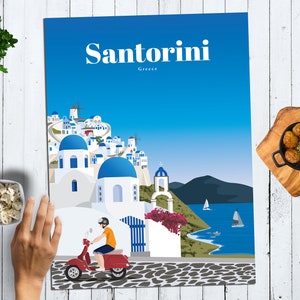 Santorini Print, Santorini Wall Art, Santorini Poster, Greece Wall Art Print, Greece Travel Poster, Greek Architecture Vintage Print