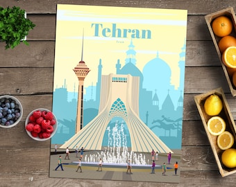 May include: A colourful illustration of the Azadi Tower in Tehran, Iran. The tower is a large, white structure with a blue and green roof. There are people walking around the tower, and there is a fountain in front of it.