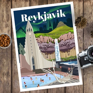 Reykjavik Travel Poster, Print, Vintage, Memento, Souvenir, Gift, Iceland, Romantic, Poster, Art, Artwork, Digital Art, Decor