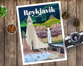 Reykjavik Travel Poster, Print, Vintage, Memento, Souvenir, Gift, Iceland, Romantic, Poster, Art, Artwork, Digital Art, Decor