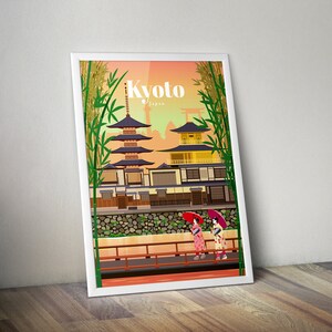 May include: A colorful illustration of a traditional Japanese temple with a pagoda and a golden roof. The temple is surrounded by bamboo trees and two women in traditional clothing are walking across a bridge. The text "Kyoto, Japan" is written in white letters at the top of the image.
