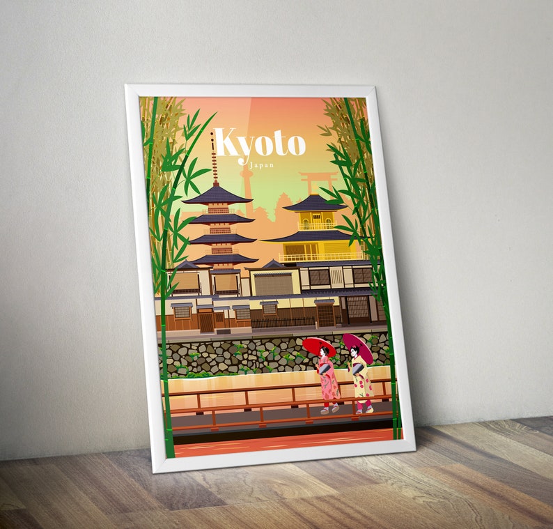 May include: A colorful illustration of a traditional Japanese temple with a pagoda and a golden roof. The temple is surrounded by bamboo trees and two women in traditional clothing are walking across a bridge. The text "Kyoto, Japan" is written in white letters at the top of the image.