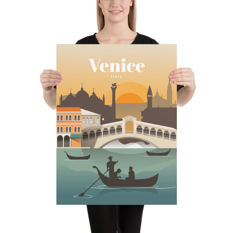May include: A colorful illustration of Venice, Italy, with a gondola on a canal, a bridge, and buildings in the background. The text "Venice" and "Italy" are printed on the poster.
