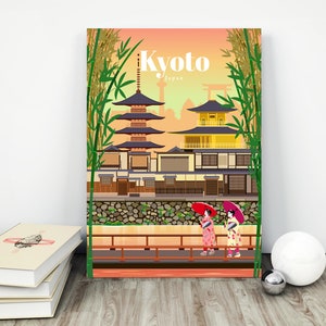 May include: A colorful illustration of a traditional Japanese temple with a pagoda, surrounded by bamboo and a bridge with two women in kimonos walking across. The text "Kyoto, Japan" is displayed at the top of the image.
