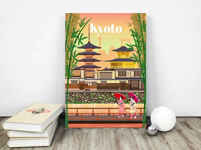 May include: A colorful illustration of a traditional Japanese temple with a pagoda, surrounded by bamboo and a bridge with two women in kimonos walking across. The text "Kyoto, Japan" is displayed at the top of the image.