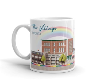 Ceramic Coffee Mug with Colorful Architecture Digital Illustration of Toronto "The Village" Neighbourhood as a Unique Travel Souvenir Gift