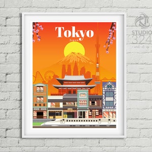 Op de afbeelding: Een kleurrijke illustratie van Tokio, Japan, met iconische bezienswaardigheden zoals de Mount Fuji, de Tokyo Skytree en een traditionele Japanse tempel. De afbeelding toont ook een hogesnelheidstrein, kersenbloesems en een stadsbeeld.