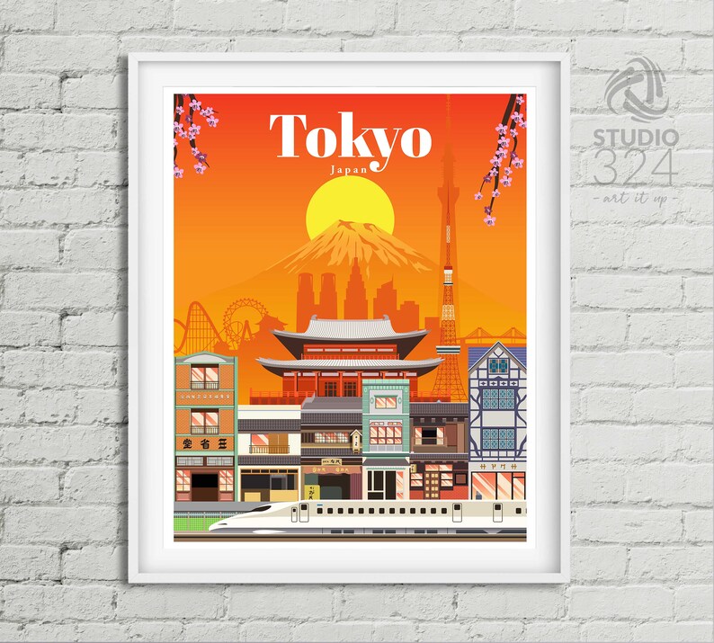 Op de afbeelding: Een kleurrijke illustratie van Tokio, Japan, met iconische bezienswaardigheden zoals de Mount Fuji, de Tokyo Skytree en een traditionele Japanse tempel. De afbeelding toont ook een hogesnelheidstrein, kersenbloesems en een stadsbeeld.