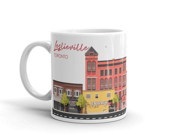 Ceramic Coffee Mug with Colorful Architecture Digital Illustration of Toronto "Leslieville" Neighbourhood as a Unique Travel Souvenir Gift