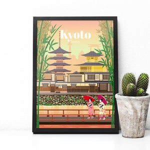 May include: A colorful illustration of a traditional Japanese temple in Kyoto, Japan. Two women in kimonos walk along a path with red and pink umbrellas. The illustration is framed in black.