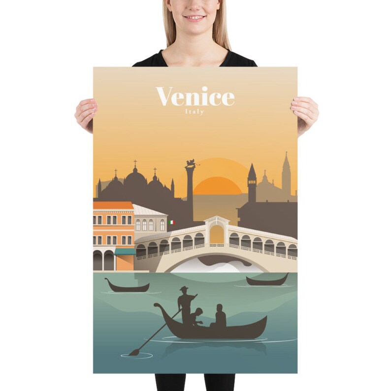 May include: A colorful illustration of Venice, Italy, with a gondola on a canal in the foreground. The Rialto Bridge is in the background, with the city skyline and a setting sun.