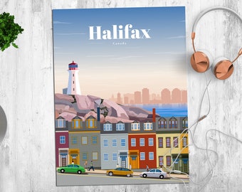 Op de afbeelding: Een kleurrijke illustratie van Halifax, Canada, met een vuurtoren op een rotsachtige klif, een skyline in de verte en een rij kleurrijke huizen met mensen die over de stoep lopen. De tekst "Halifax, Canada" staat bovenaan de afbeelding.