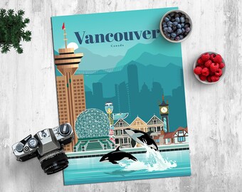 Cartel de viaje de Vancouver, impresión vintage, regalo de recuerdo, póster de la ciudad de Vancouver, arte digital como regalo moderno de decoración del hogar