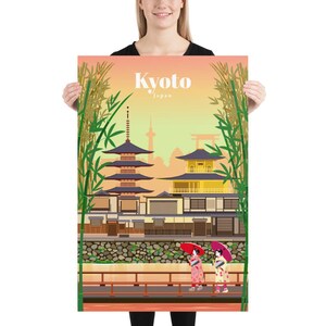 May include: A colorful illustration of a traditional Japanese temple with a pagoda and a golden building. The scene is set against a sunset sky with bamboo plants on either side. Two women in traditional Japanese clothing walk on a bridge in the foreground. The text "Kyoto, Japan" is displayed at the top of the image.