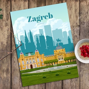 Affiche de voyage de la ville de Zagreb, Impression d’art mural de Croatie, Impression vintage, Œuvre d’art souvenir de Croatie, Œuvre d’art numérique pour la décoration intérieure