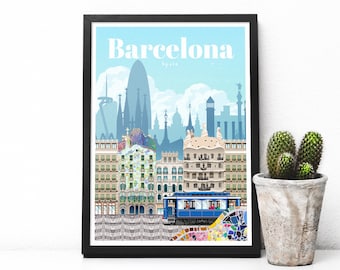 Spain travel poster - Barcelona city print - Catalonia illustration