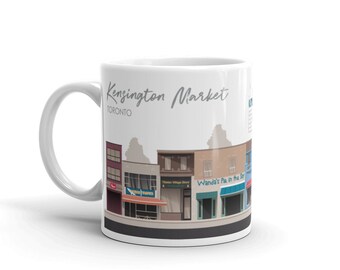 Colorful Coffee Mug with Architecture Digital Illustration of Toronto Kensington Market, Unique Travel Souvenir Gift, 11 oz Ceramic Mug