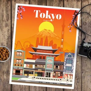 Tokyo Travel Poster, Vintage Print Gift from Japan, Japanese Wall Art Poster Prints, Japan Illustration of Tokyo City Skyline