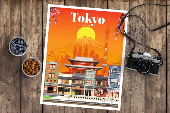Tokyo Travel Poster, Vintage Print Gift from Japan, Japanese Wall Art Poster Prints, Japan Illustration of Tokyo City Skyline