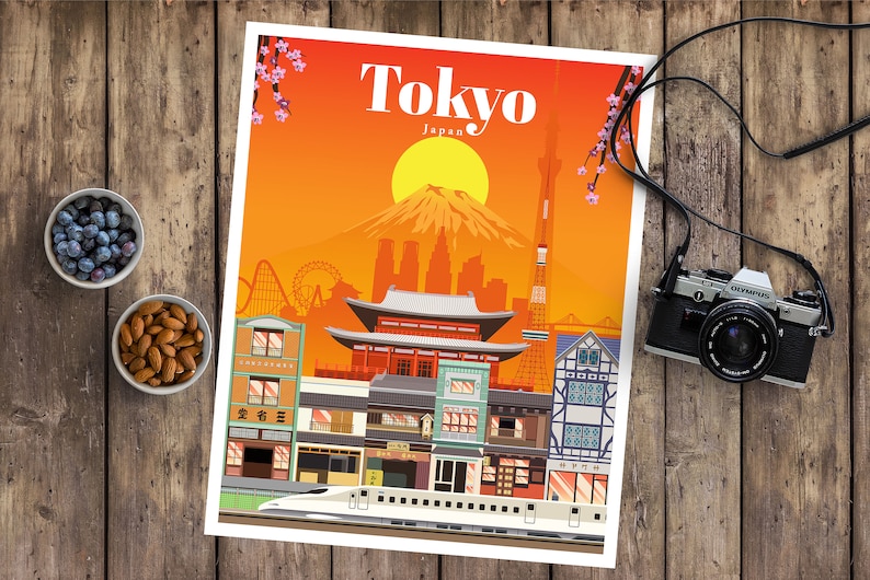 Op de afbeelding: Een kleurrijke illustratie van Tokio, Japan, met de berg Fuji op de achtergrond, een rode tempel, een reuzenrad, een achtbaan en een hogesnelheidstrein. De tekst "Tokyo, Japan" staat bovenaan de afbeelding.
