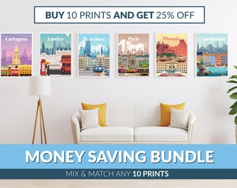 Money Saving Print Set - Any 10 Prints of your Choice, Choose Your Size, Travel Poster, Travel Print, Art Prints, Art Gifts, Wall Art Bundle