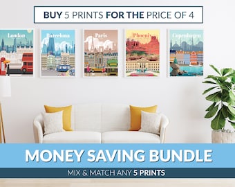 May include: Five framed city skyline prints, including London, Barcelona, Paris, Phoenix, and Copenhagen. The prints are displayed on a white wall above a white couch with yellow throw pillows. The text "BUY 5 PRINTS FOR THE PRICE OF 4" is at the top of the image, and the text "MONEY SAVING BUNDLE MIX & MATCH ANY 5 PRINTS" is at the bottom of the image.