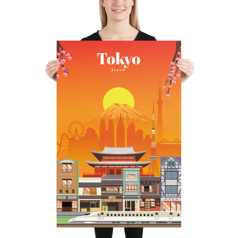 Op de afbeelding: Een kleurrijke illustratie van Tokio, Japan, met een stadsbeeld met de berg Fuji, kersenbloesems en een hogesnelheidstrein. De illustratie bevat iconische bezienswaardigheden zoals de Tokyo Skytree en de Senso-ji-tempel.