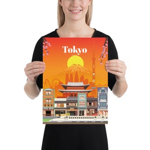Op de afbeelding: Een kleurrijke illustratie van Tokio, Japan, met een rode en gouden tempel, een reuzenrad, een hogesnelheidstrein en de berg Fuji op de achtergrond. De tekst "Tokyo, Japan" staat bovenaan de afbeelding.