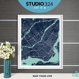 Carte de la ville de Montréal - Blue Color Travel Map Art Print Poster, Montreal City Coastline Wall Decor and Wall Hanging, Made in Canada Gift