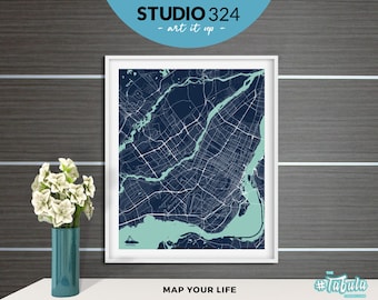 Carte de la ville de Montréal - Blue Color Travel Map Art Print Poster, Montreal City Coastline Wall Decor and Wall Hanging, Made in Canada Gift