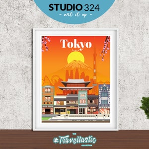 Op de afbeelding: Een kleurrijke illustratie van Tokio, Japan, met de berg Fuji op de achtergrond. De illustratie toont iconische bezienswaardigheden zoals de Tokyo Skytree, de Senso-ji-tempel en een hogesnelheidstrein. De tekst "Tokyo Japan" staat bovenaan de illustratie.