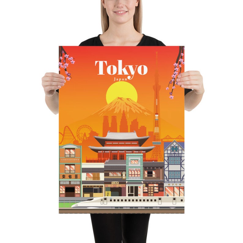 Op de afbeelding: Een kleurrijke illustratie van Tokio, Japan, met iconische bezienswaardigheden zoals de Tokyo Skytree, de Senso-ji-tempel en de berg Fuji. De illustratie bevat ook een hogesnelheidstrein en kersenbloesems.