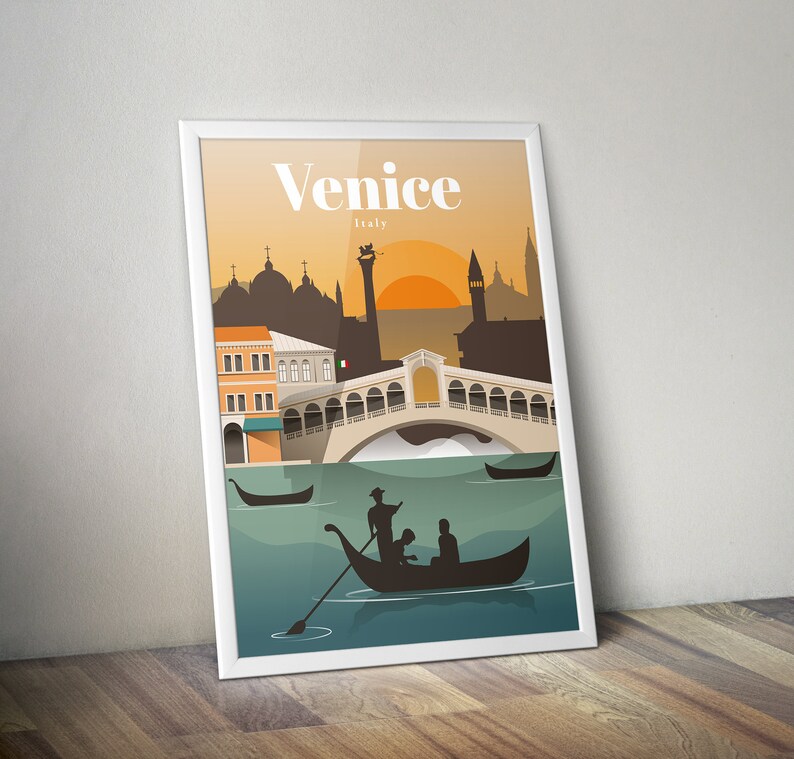 May include: A vintage travel poster with a silhouette of Venice, Italy. The poster features a view of the Rialto Bridge with gondolas in the water and a sunset in the background. The text "Venice, Italy" is printed in white at the top of the poster.