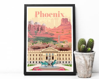 Arizona art print-Phoenix city poster-USA reisposters- Phoenix reisprints - Arizona woestijn skyline kunstwerk