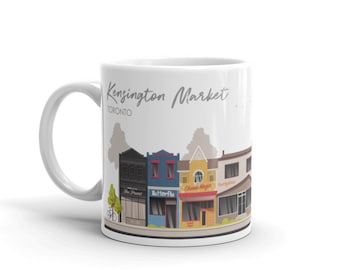 Ceramic Coffee Mug with Colorful Architecture Digital Illustration of Toronto "Kensington Market" as a Unique Travel Souvenir Gift