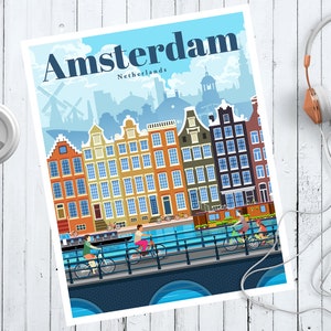 Amsterdam Travel Poster, Vintage Wall Art Print, Travel Gift from Netherlands, Poster Prints from Amsterdam