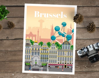Brussels Travel Poster, Vintage Print Memento, Souvenir Gift from Belgium, Romantic Poster Artwork, Digital Art, Modern Home Decor