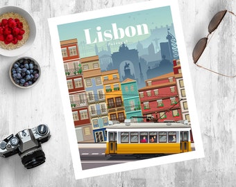 Lisbon Travel Poster, Print, Vintage, Memento, Souvenir, Gift, Portugal, Romantic, Poster, Art, Artwork, Digital Art, Decor