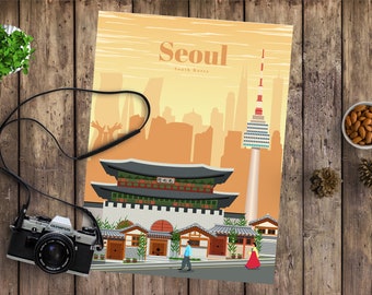 Seoul Travel Poster, Print, Vintage, Memento, Souvenir, Gift, Korea Romantic Poster, Art, Artwork, Digital Art, Decor