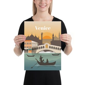 May include: A colorful illustration of Venice, Italy, with the Rialto Bridge, gondolas, and buildings in the background. The text "Venice, Italy" is at the top of the image.