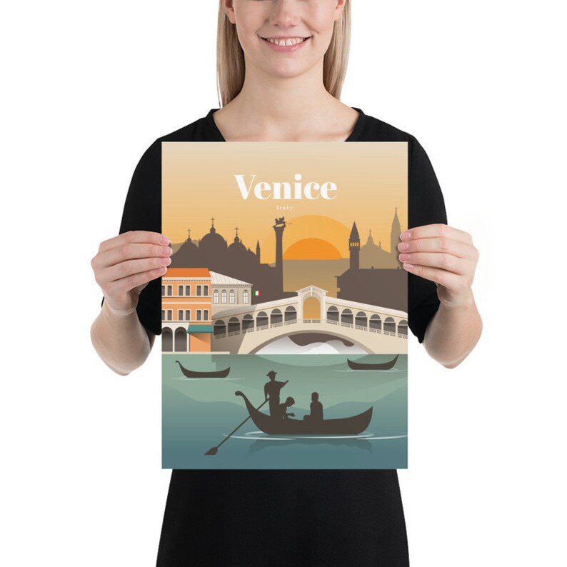 May include: A colorful illustration of Venice, Italy, with the Rialto Bridge, gondolas, and buildings in the background. The text "Venice, Italy" is at the top of the image.