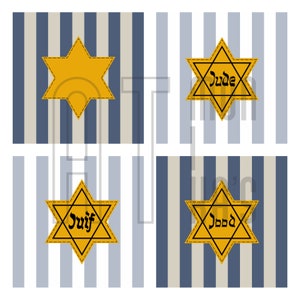 Puede incluir: Cuatro insignias amarillas con forma de estrella de David con texto negro sobre un fondo a rayas azul, gris y blanco. El texto de las insignias dice "Jude", "Jood" y "Juif".