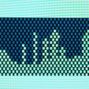 May include: Abstract digital artwork depicting a pixelated landscape. It features a dark blue sky and a white and light green terrain, resembling a cityscape or mountain range. The image is composed of a grid of small squares.