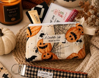 Halloween Wallet Wristlet Set, Pumpkin and Cats Fabric, Keychain Wristlet, Gift for Her, Handmade