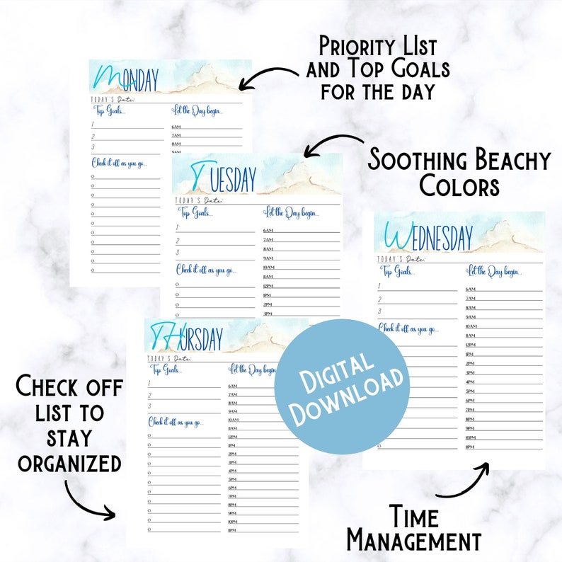 Printable Daily Planner, Digital Download, Watercolor Planner, Simple ...