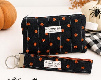 Handmade Pumpkin Wallet & Wristlet Set, Black Cotton Halloween Gift