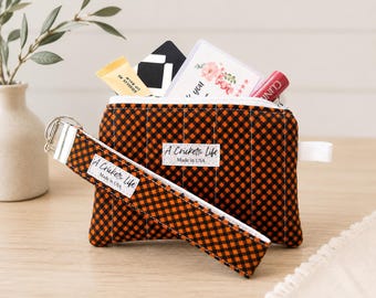 Handmade Orange Black Checkered Wristlet & Zipper Pouch Set, Quilted Cotton, Halloween Gift