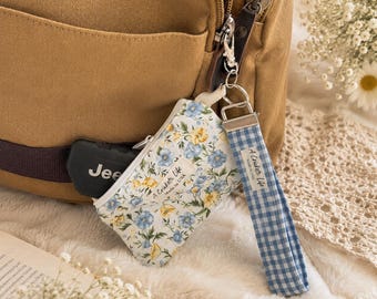 Quilted Blue Wildflowers Fabric Pouch and Wristlet Set: Gingham or Wildflower Fabric Keychain Wallet