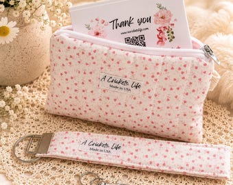 Quilted Pink Hearts Fabric Pouch and Wristlet Set: Gingham or Pink Lattace Keychain wallet
