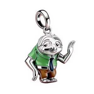 May include: A silver-toned charm pendant featuring a cartoon sloth character. The sloth wears a green shirt, brown pants, and a blue tie. The charm has a loop for attaching to a bracelet or necklace.